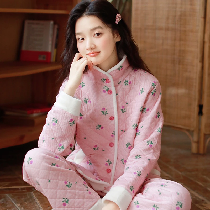 冬季睡衣女加厚加绒夹棉保暖套装全棉甜美印花高领宽松家居服