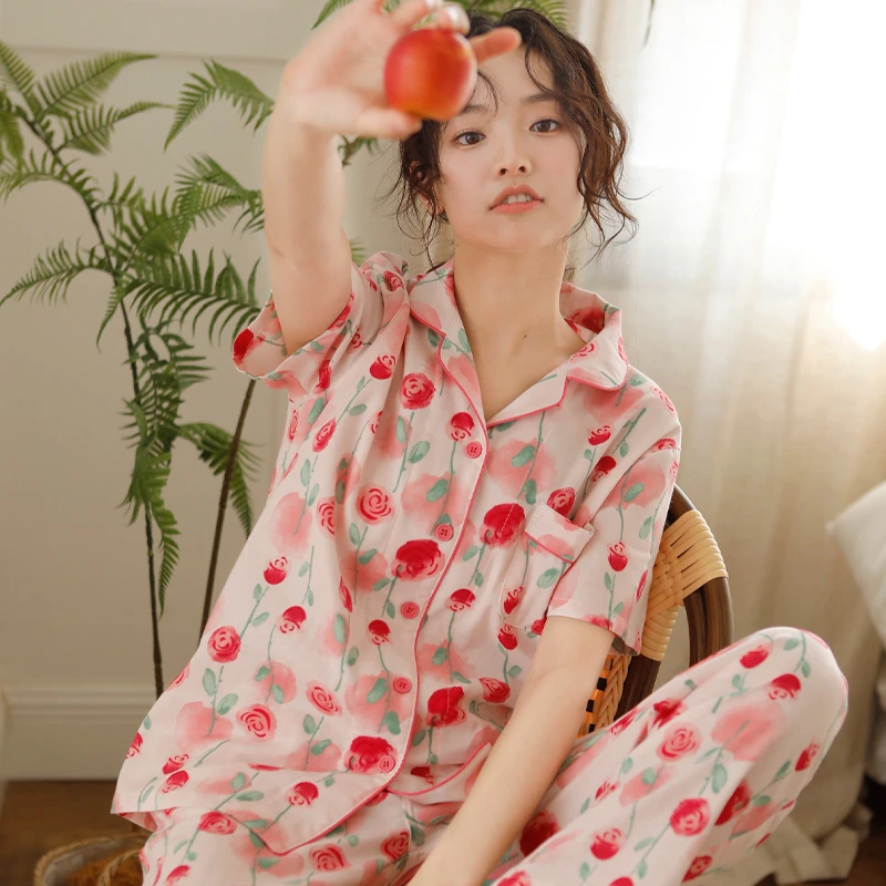 『玫瑰花园』春夏纯棉睡衣女全棉纱布甜美短袖长裤家居服宽松套装