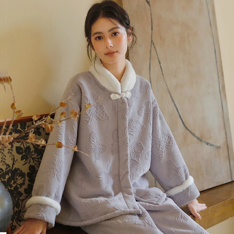秋冬女款加绒加厚复古蝴蝶提花长袖国风珊瑚绒冬季保暖家居服睡衣
