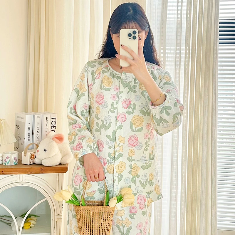 秋冬纯棉三层夹棉保暖女士睡衣套装甜美印花长袖宽松家居服睡衣