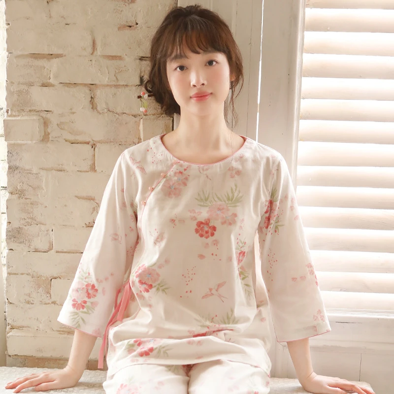 春夏睡衣女套装纯棉纱布新中式七分袖全棉大码宽松家居服