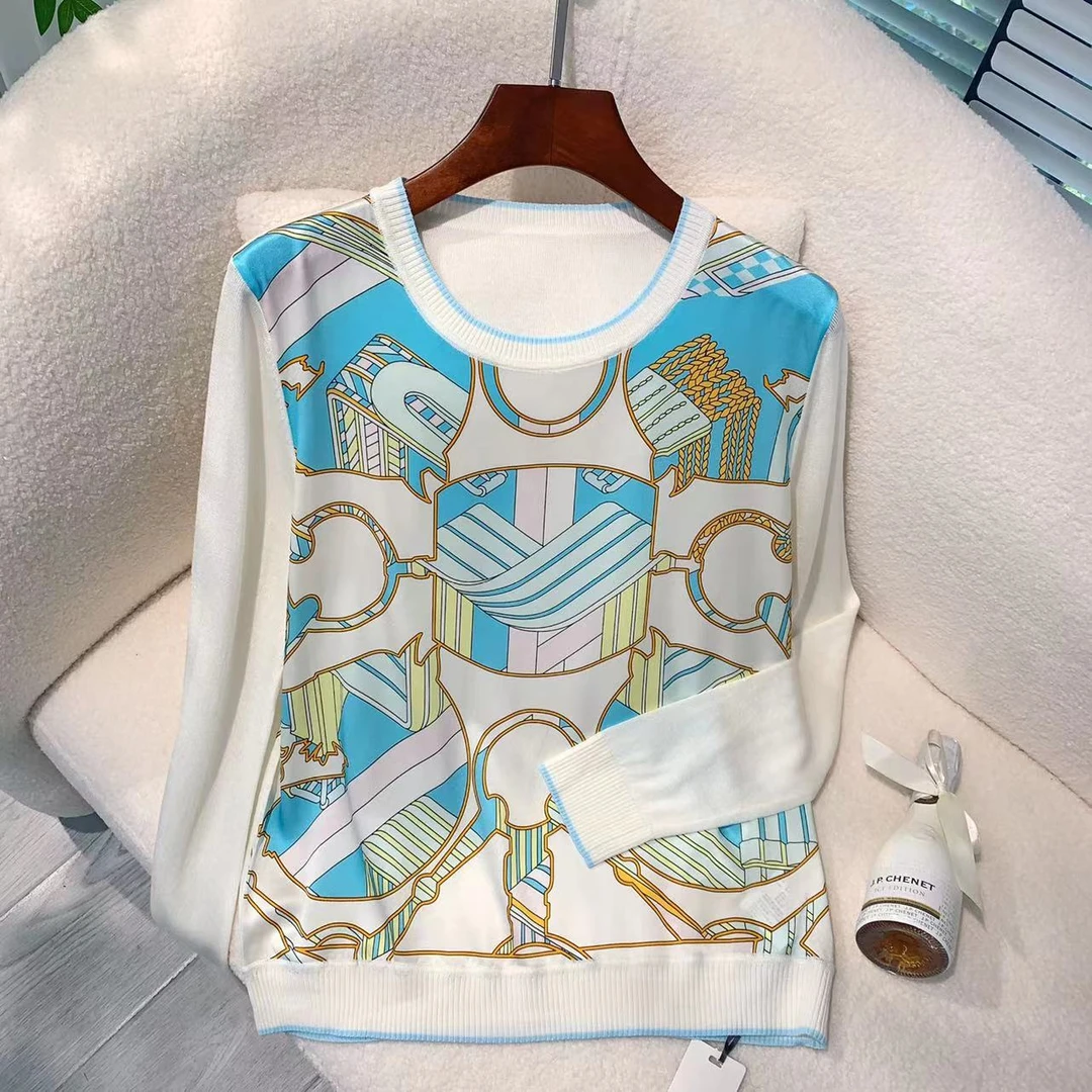 【2024秋季新款】221048桑蚕丝马头印花设计感时尚休闲百搭长袖