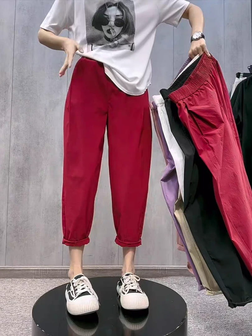 大码冰丝速干直筒裤女夏松紧高腰垂感九分休闲裤小个子宽松萝卜裤