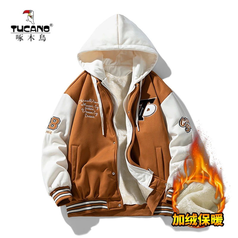 啄木鸟2023年新款秋冬季加绒加厚夹克冬季青年休闲男外套立领上衣