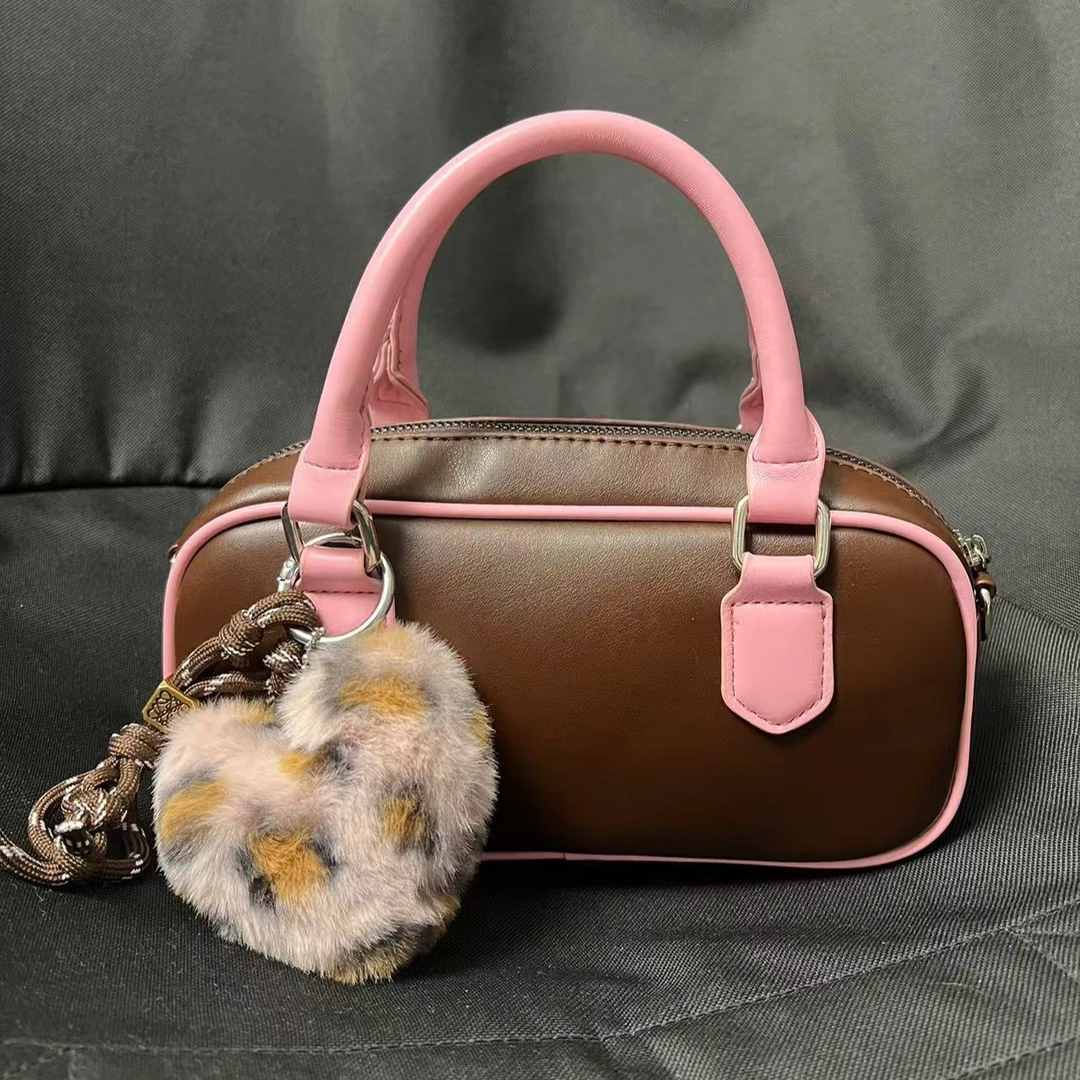 【带挂件】仙女必备撞色保龄球包包时尚百搭休闲手提单肩斜挎女包包