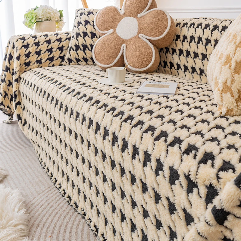 冬季高级感毛绒千鸟格沙发盖布巾保暖全包万能沙发巾简约现代坐垫