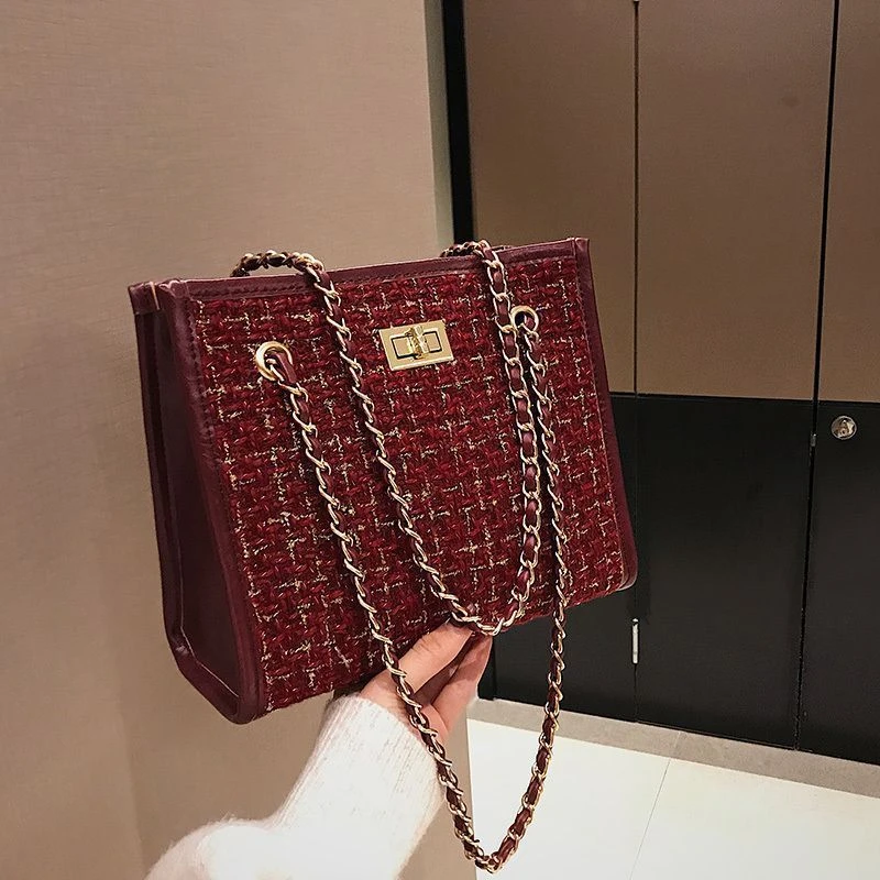 酒红色包包女2023新款单肩托特包链条斜挎包百搭ins结婚包新娘包