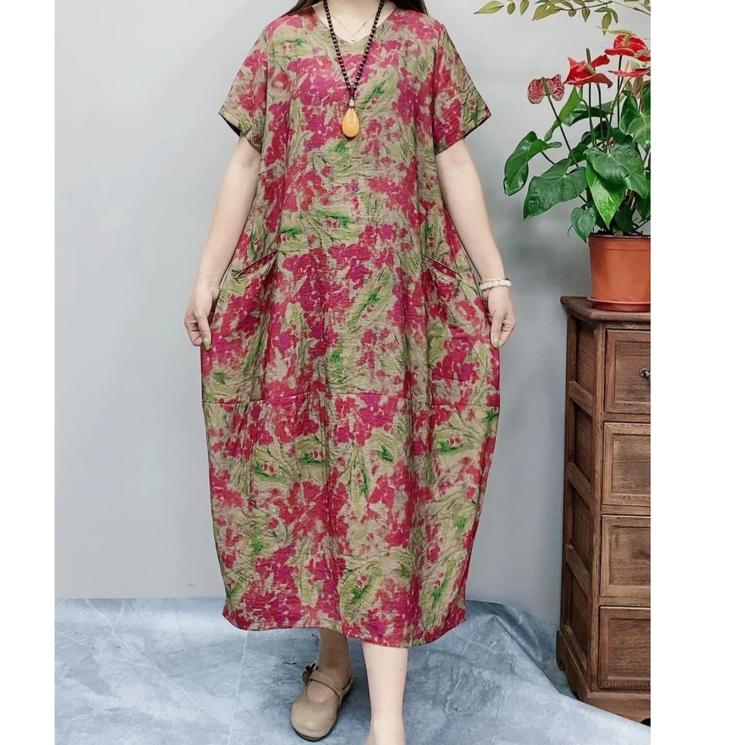 0388款新款夏季短袖宽松时尚v领碎花休闲气质妈妈装印花连衣裙