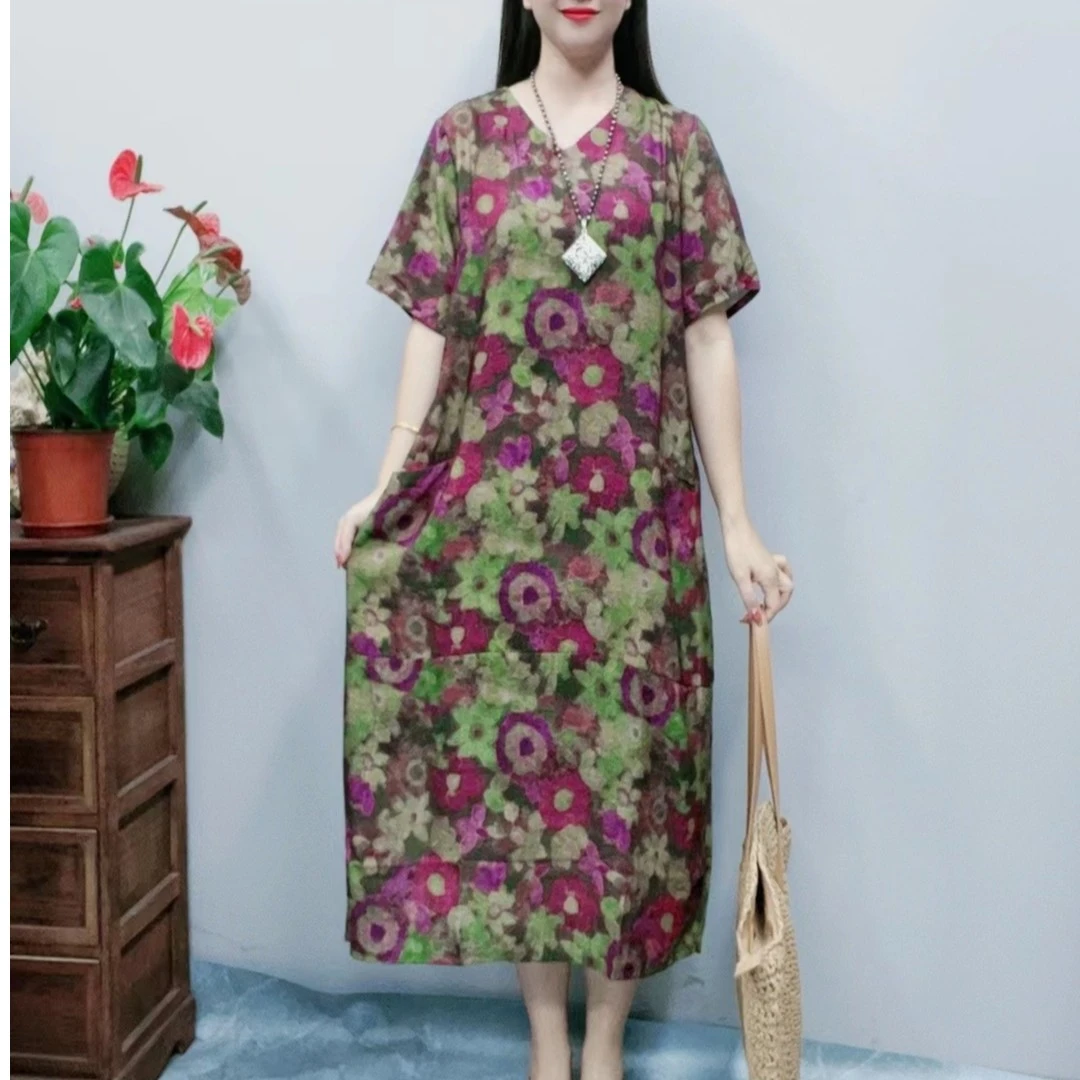 1172新夏季凉爽时尚气质大码显瘦韩版连衣裙宽松复古休闲妈妈装