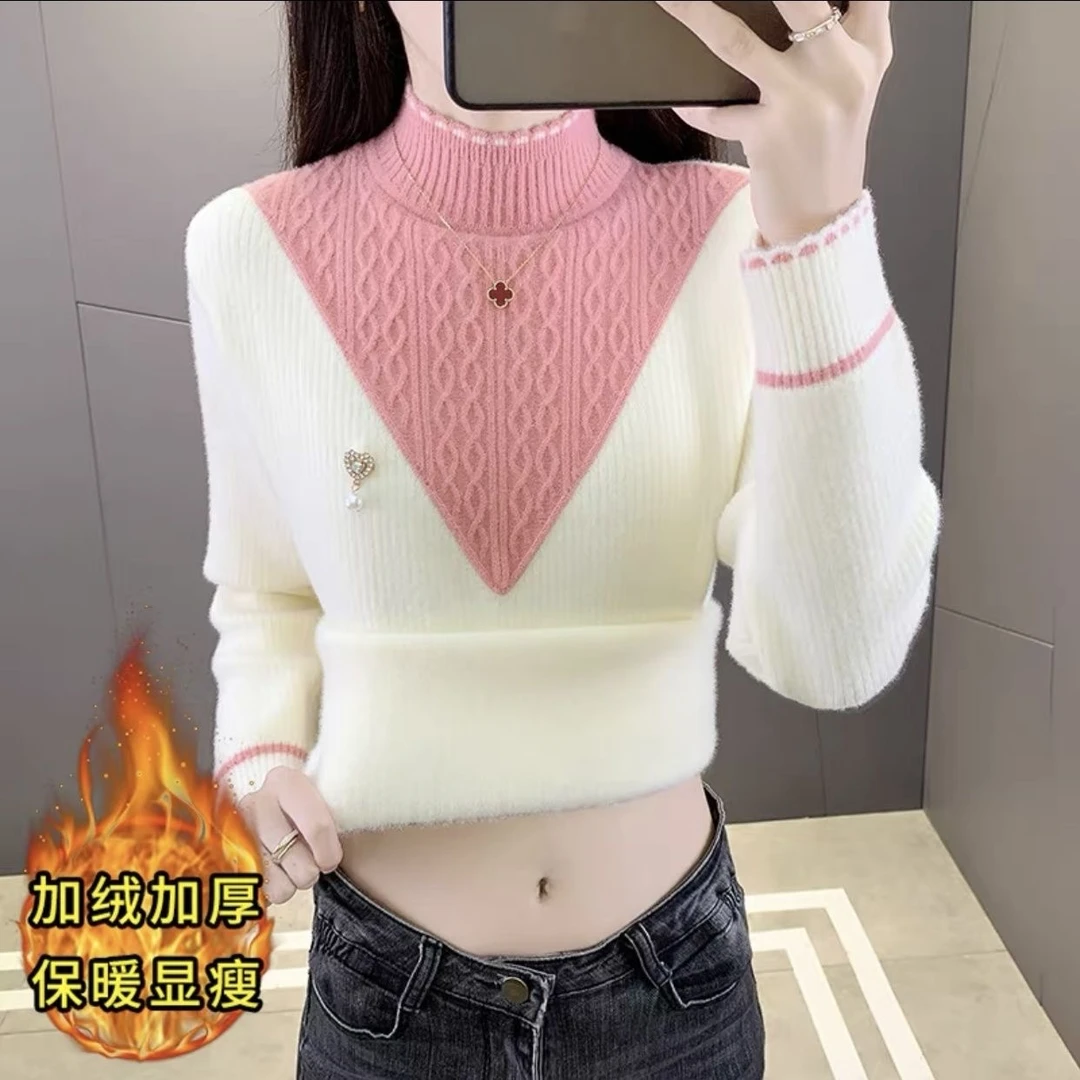冬季一体绒毛衣女秋冬加绒加厚内搭打底2025新款宽松半高领针织衫