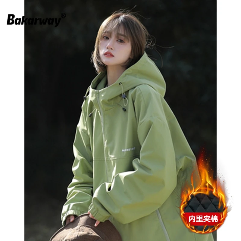 Bakarway秋冬运动防水冲锋衣女款防风休闲日系保暖宽松情侣装加厚