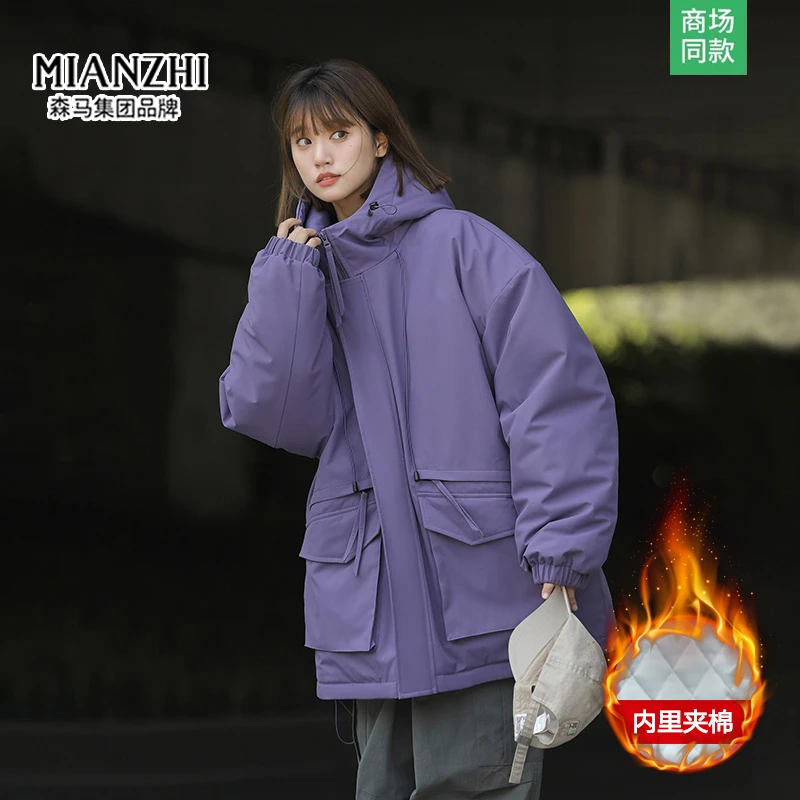 棉致纯色工装户外日系加棉加厚连帽棉袄女款防风休闲保暖宽松棉衣