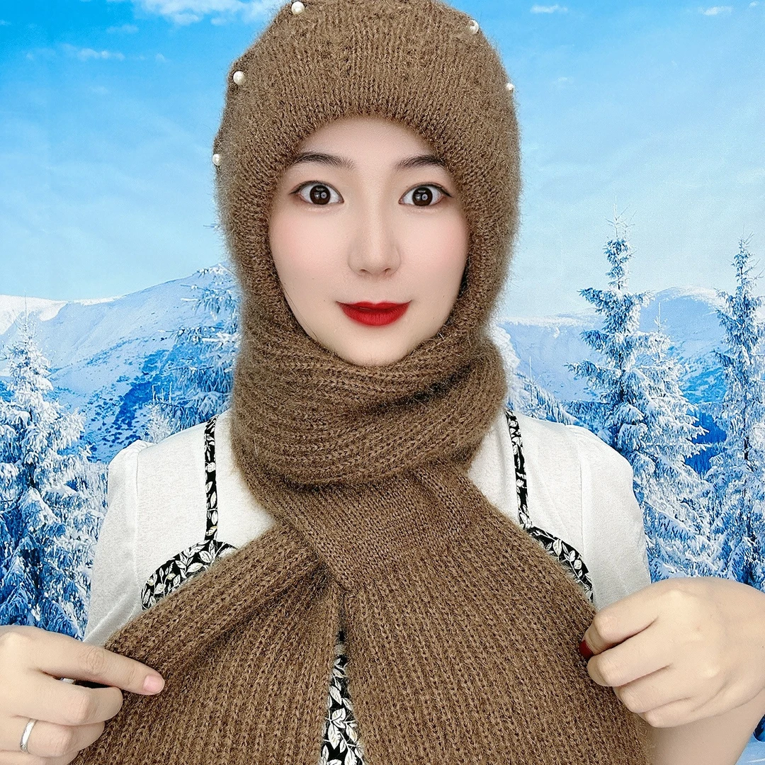 珍珠波浪款加绒加厚女士冬季针织防寒风雪帽帽子围巾一体