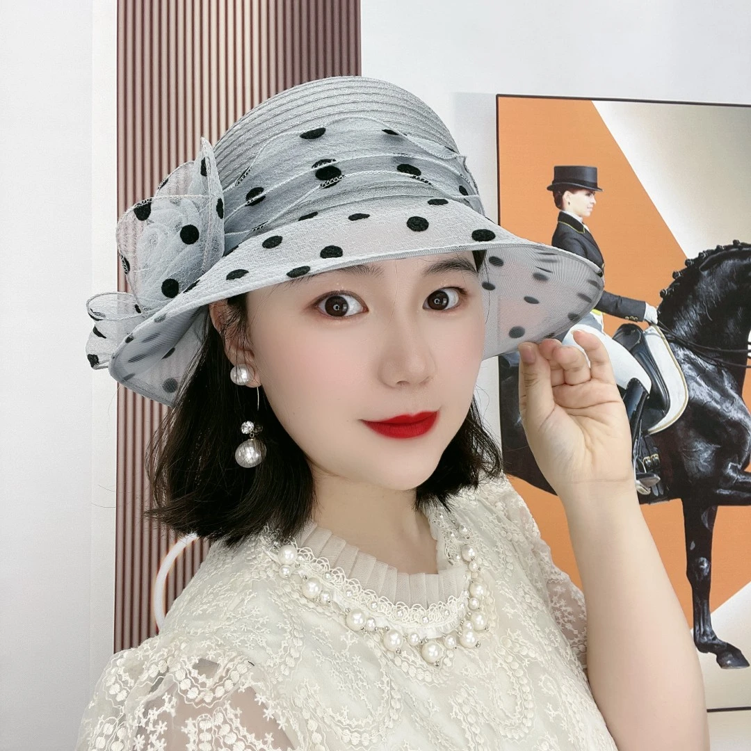 夏季欧根纱花朵遮阳渔夫帽