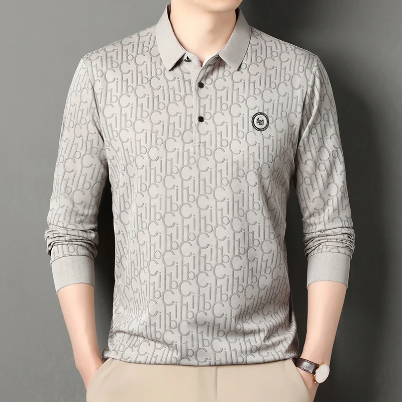 新款春秋薄款长袖polo衫男上衣休闲时尚印花翻领男装T恤商务上衣