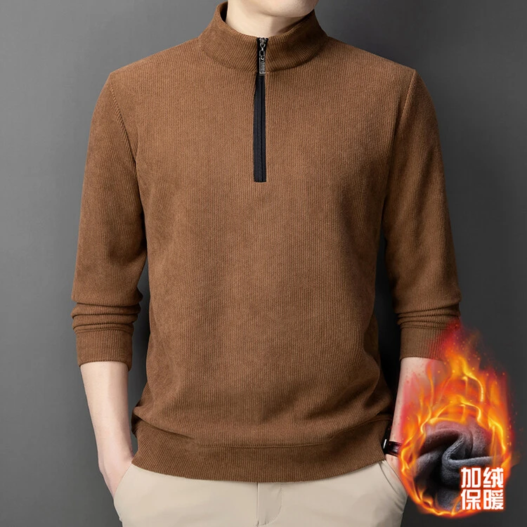 秋冬季打底半高领拉链加绒加厚红色立领t恤纯色长袖休闲宽松上衣