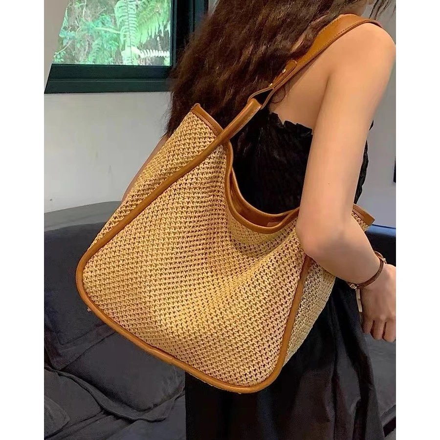 2025新款大容量草编包包女时尚通勤简约单肩包夏天编织水桶包