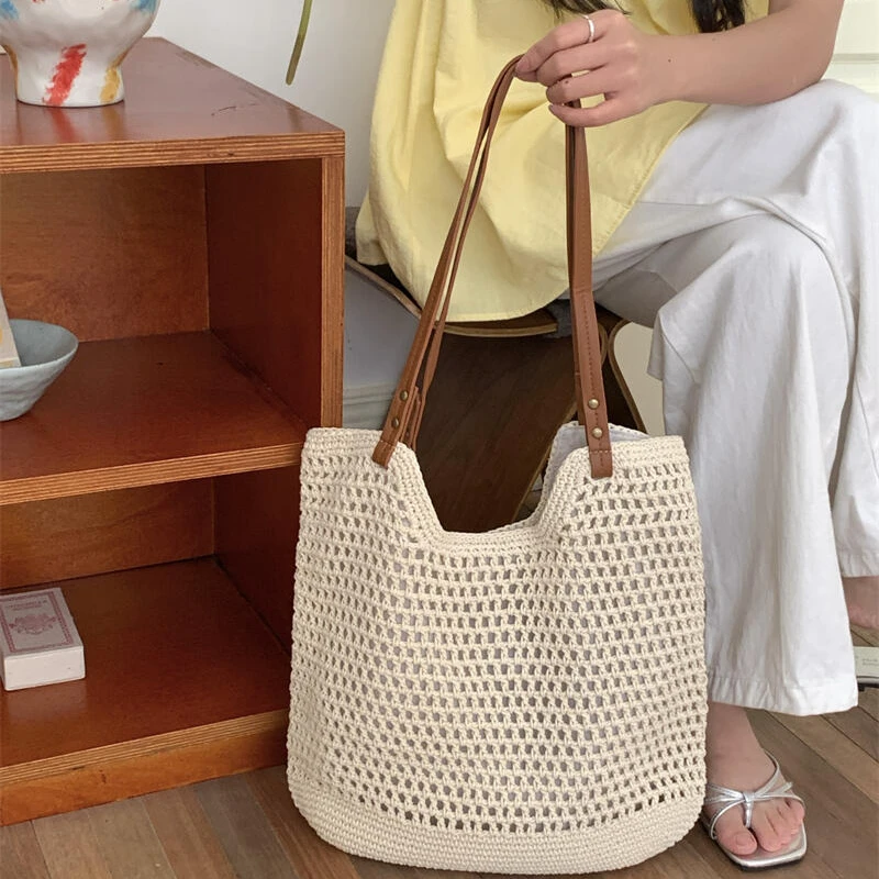 夏季新款托特包草编包棉绳钩织手工包慵懒风单肩包大容量包2025包