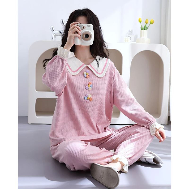 【100%纯棉】华夫格月子服春秋款孕妇喂奶可爱睡衣哺乳家居服外穿