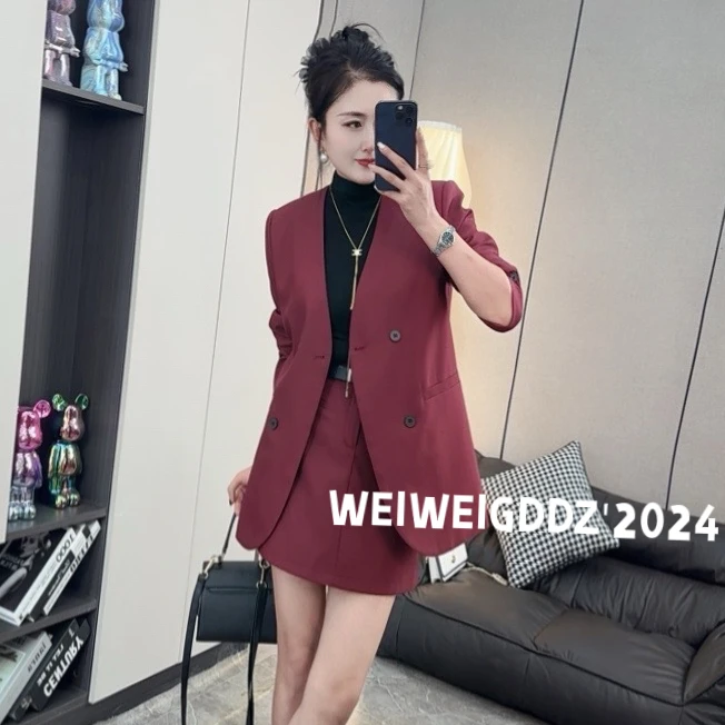 安哥拉红V领西服套装长袖秋季女2024新款时尚显瘦休闲百搭两件套