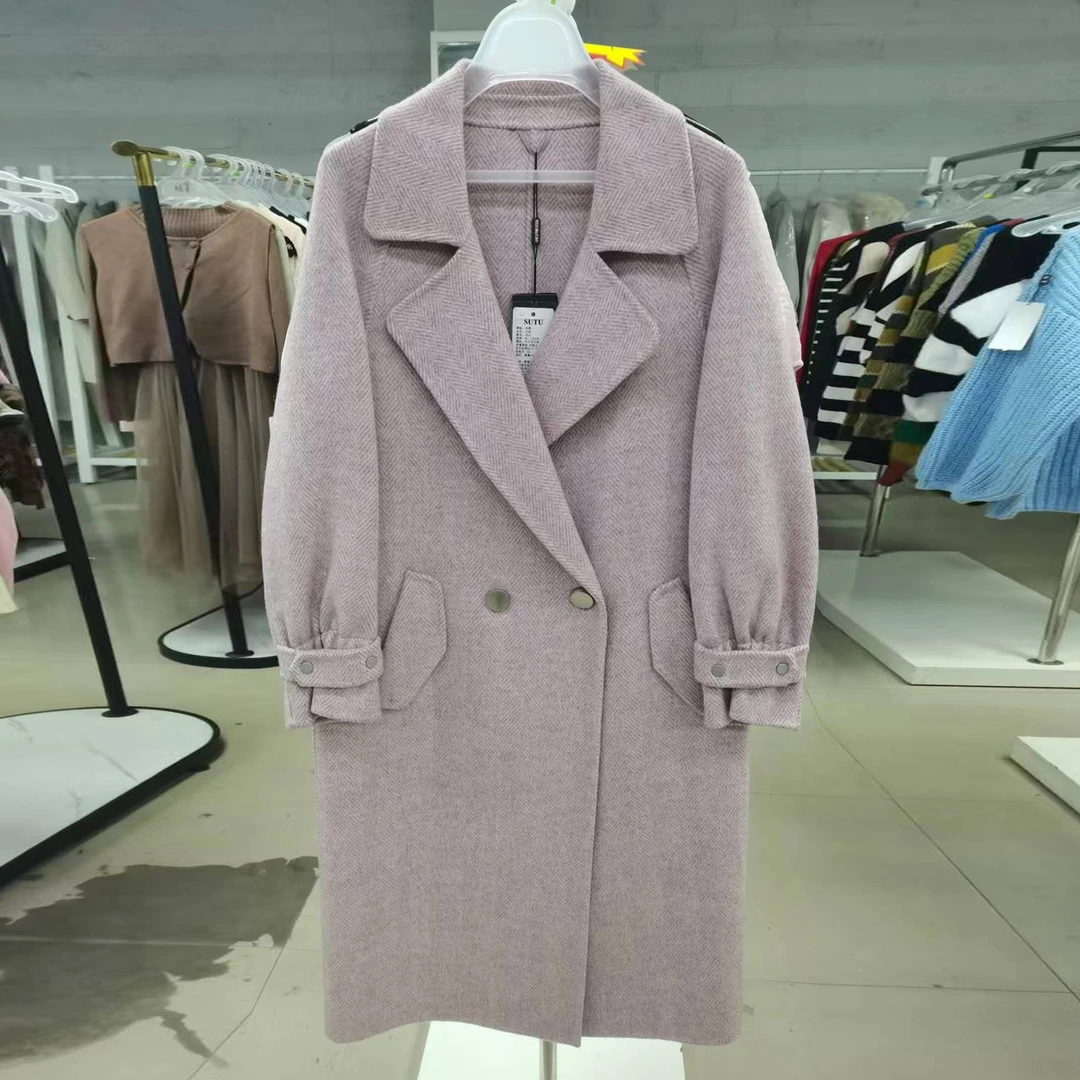 2021秋冬款西装领羊毛大衣时尚气质长款人字格外套女双面呢大衣