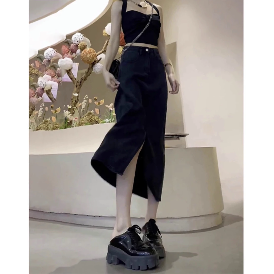 黑色天丝开叉牛仔半身裙女夏薄款高腰遮肉显瘦a字包臀裙女中长款
