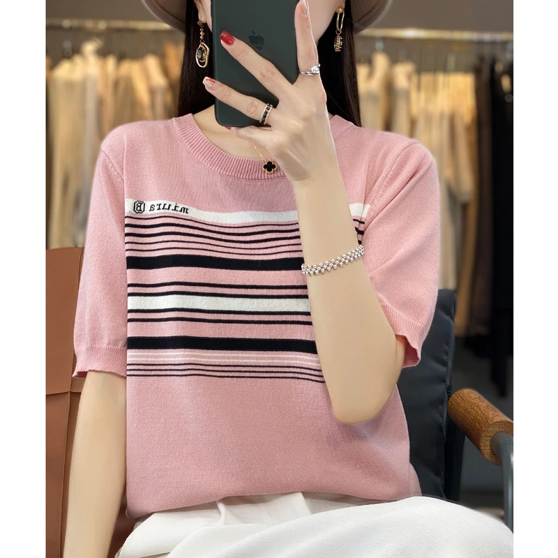 打底冰丝条纹T恤针织衫减龄薄款圆领针织短袖显瘦宽松上衣t恤女