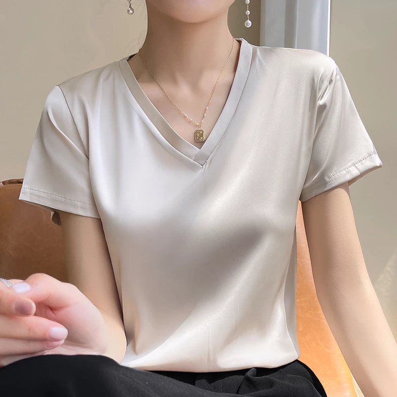 夏季新款V领圆领T恤短袖缎面时尚女醋酸缎面上衣夏季百搭纯色打底