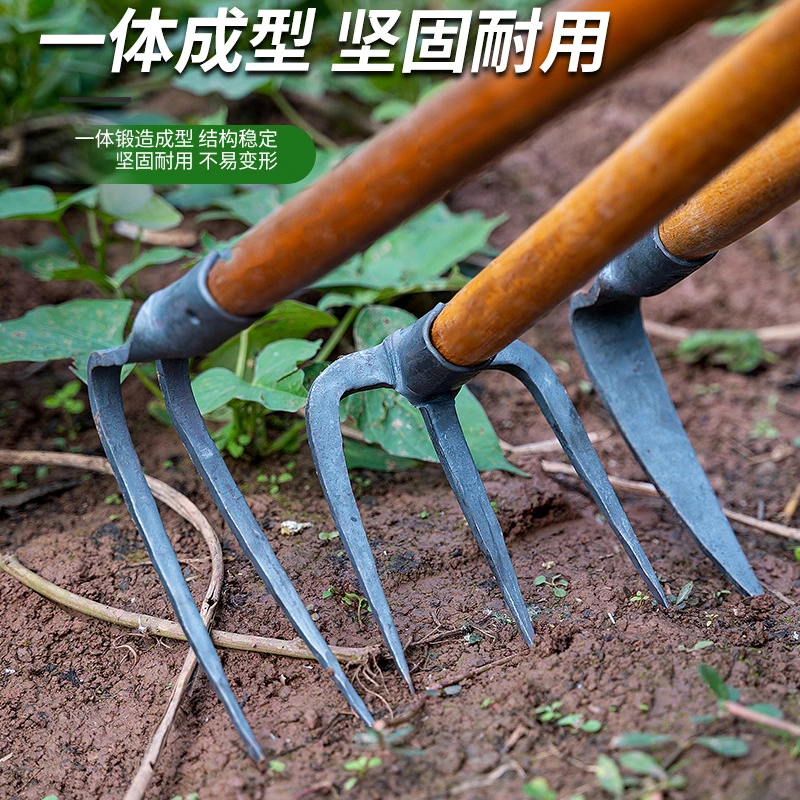 锻打铁耙子钢耙子钉耙抓钩花园种菜翻土松土园艺三齿四齿锄耙小号