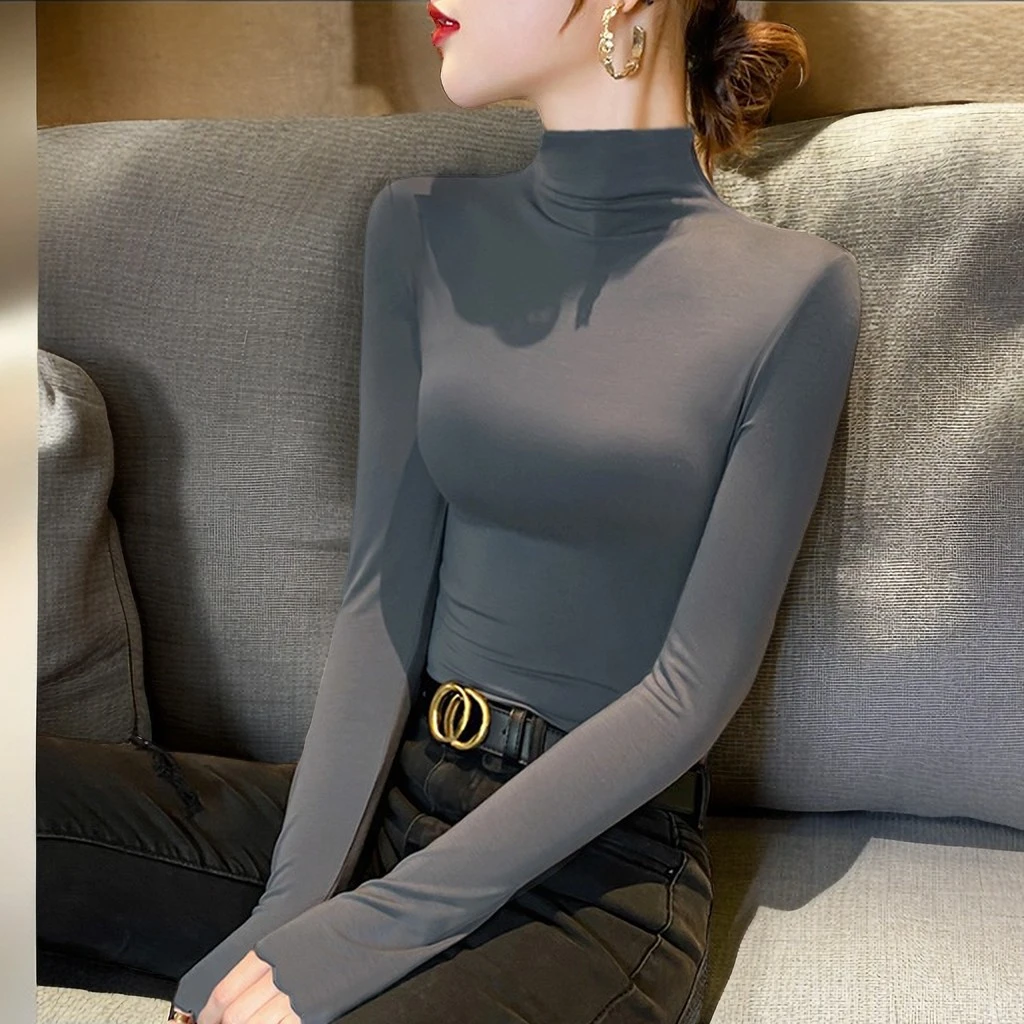 莫代尔半高领打底衫女秋冬内搭2024新款纯色洋气长袖面膜感t恤女