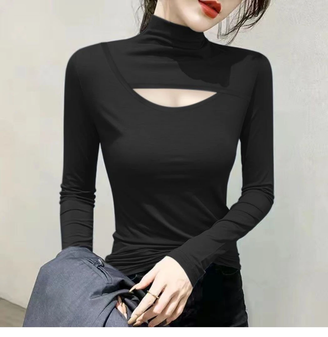 半高领恤黑色设计镂空漏胸秋季女装打底秋冬内搭网红洋气炸街女装