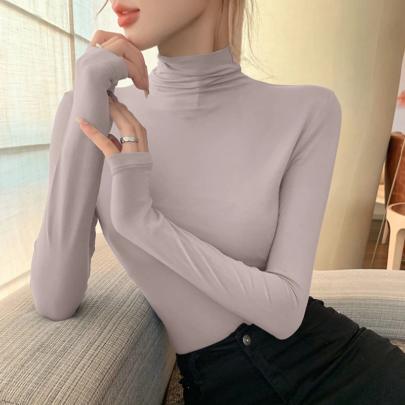 黑色莫代尔半高领打底衫女春秋薄款洋气内搭紧身长袖t恤堆领上衣