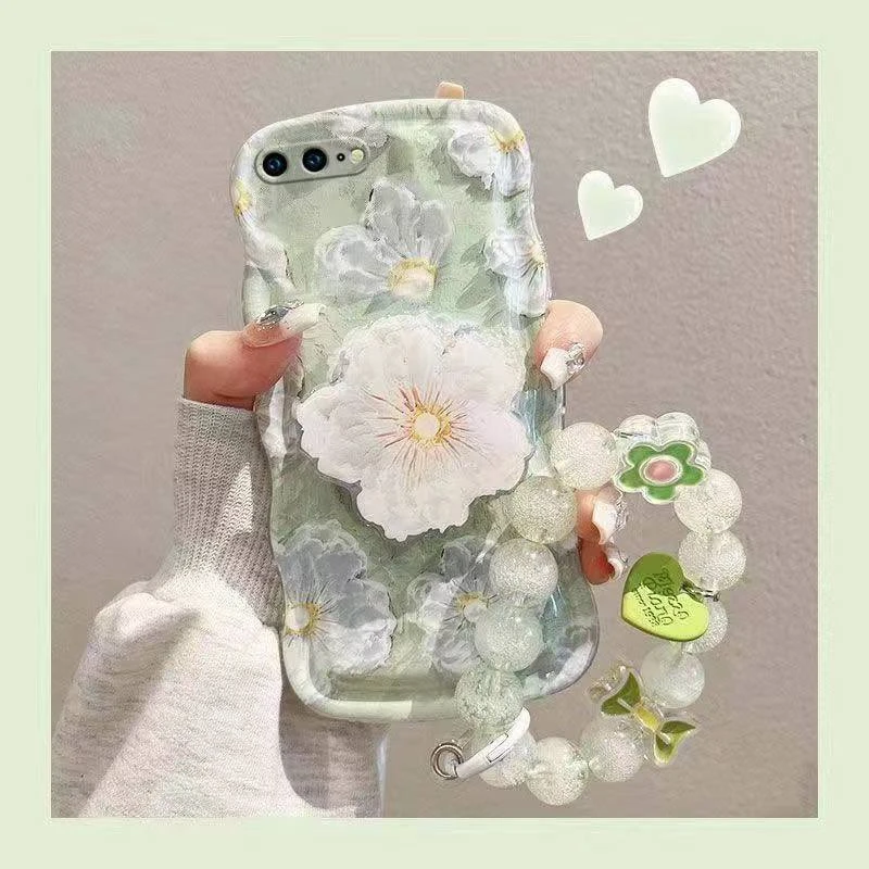 网红绿色油画花朵华为MATE60PRO/MATE50手机壳P60PRO/P60卡通支架