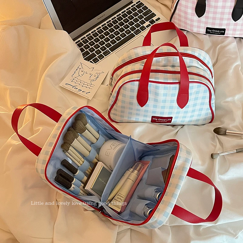 格子撞色化妆包大容量女便携手提护肤洗漱包多功能旅行双层收纳包