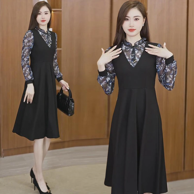 假两件套时尚洋气修身中长款大码女装胖mm长袖连衣裙子春秋季新款
