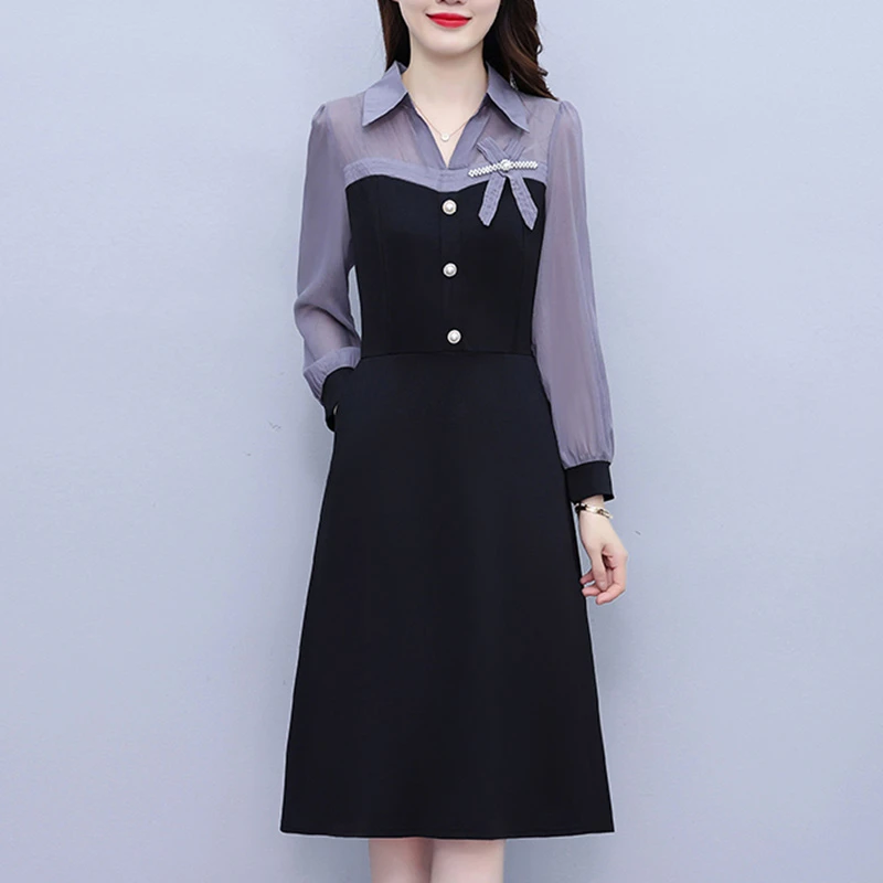 职场气质假两件套修身显瘦中长款大码女装胖mm长袖连衣裙春秋新款