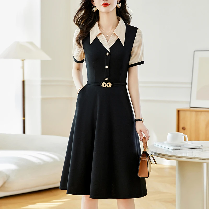 职场气质假两件套修身中长款大码女装胖mm阔太太夏新款短袖连衣裙