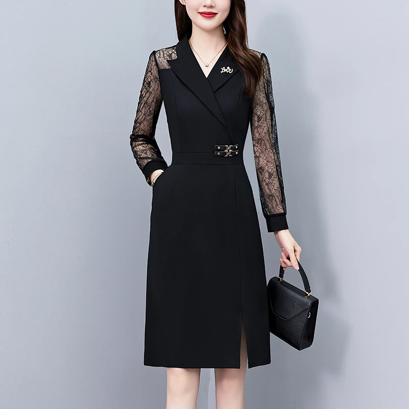 黑色镂空蕾丝长袖气质大码女装胖mm阔太太长袖连衣裙子秋冬季新款