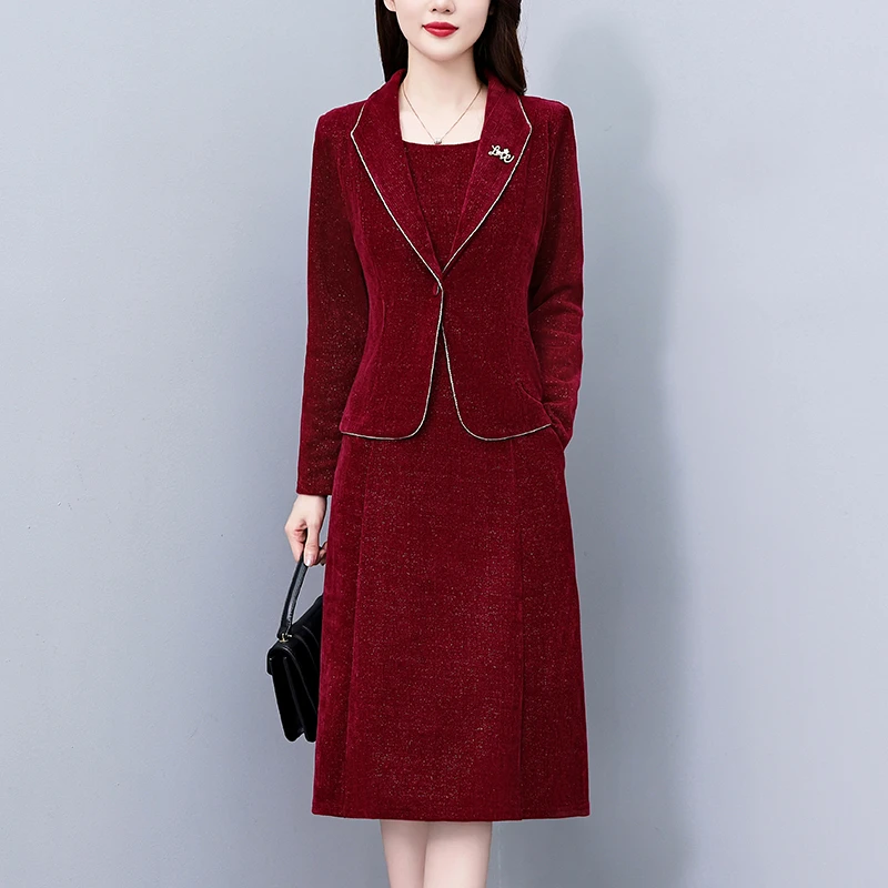 妈妈装红色喜庆假两件套大码女装胖mm长袖连衣裙秋冬季新款喜婆婆