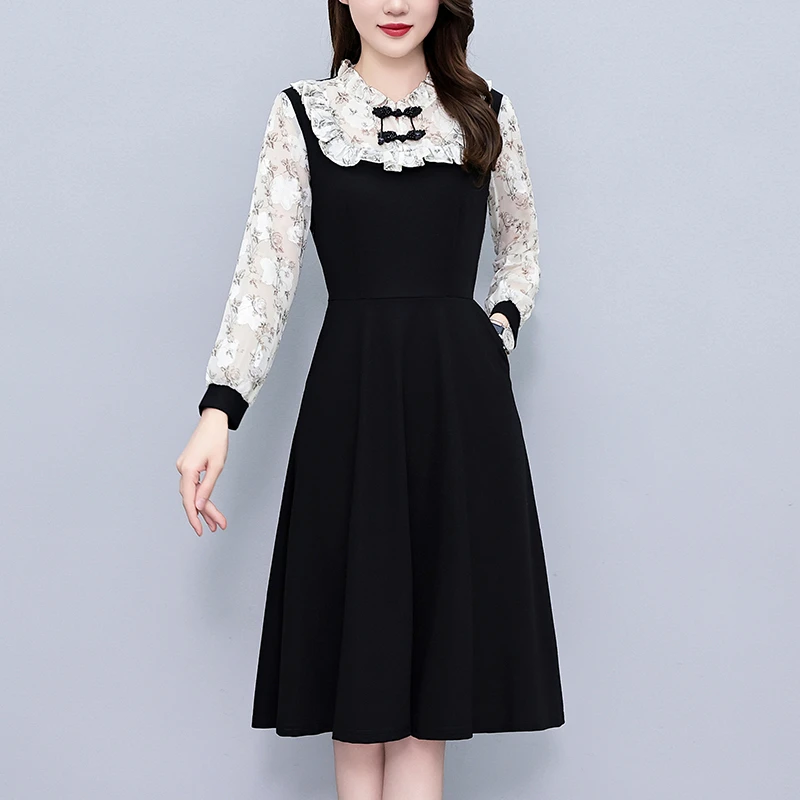 时尚洋气淑女印花假两件套大码女装胖mm胖妹妹长袖连衣裙春秋新款