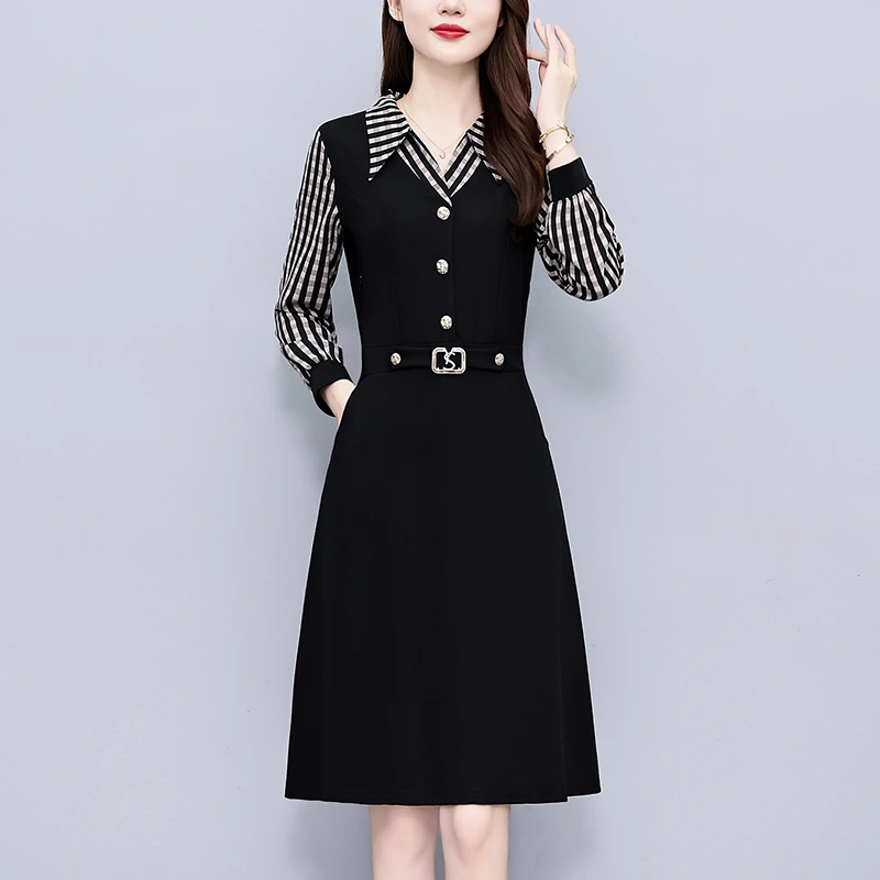 格子拼接假两件套大码女装胖mm胖妹妹长袖连衣裙春秋新款修身显瘦