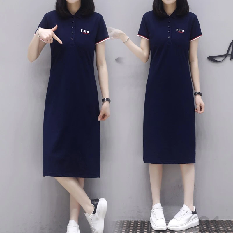 连衣裙中长休闲裙子新款女polo领过膝2025网棉polot恤运动显瘦夏