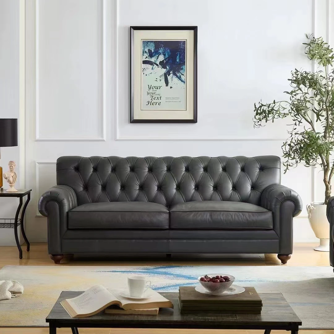 QK5030大查德拉扣美式沙发 落地复古皮质皮艺