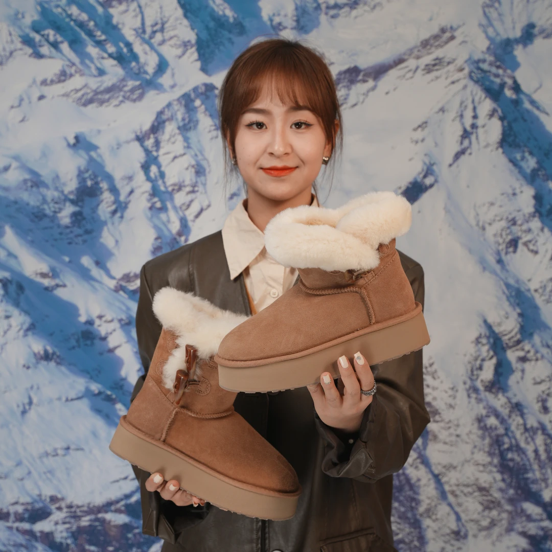 【厚底牛角扣】桑坡susu一粒扣两粒扣雪地靴皮毛一体短筒中筒加厚靴