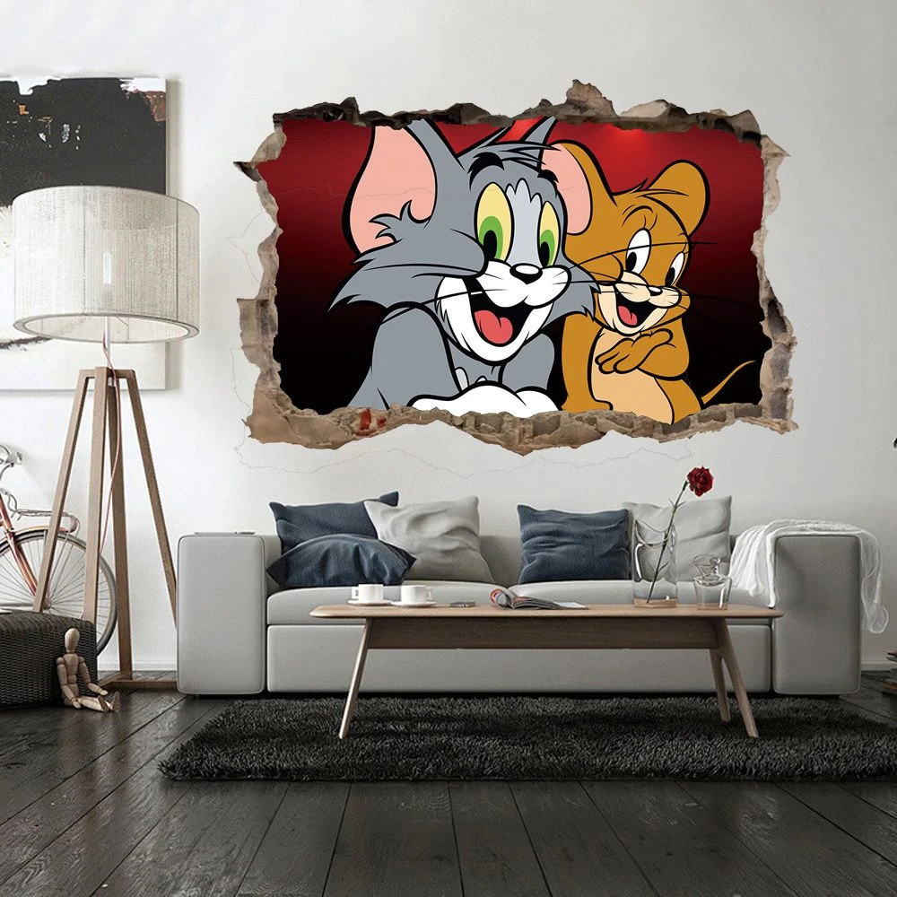 3d墙纸猫和老鼠玻璃自粘贴纸创意装饰墙贴纸卧室网红儿童卡通壁纸