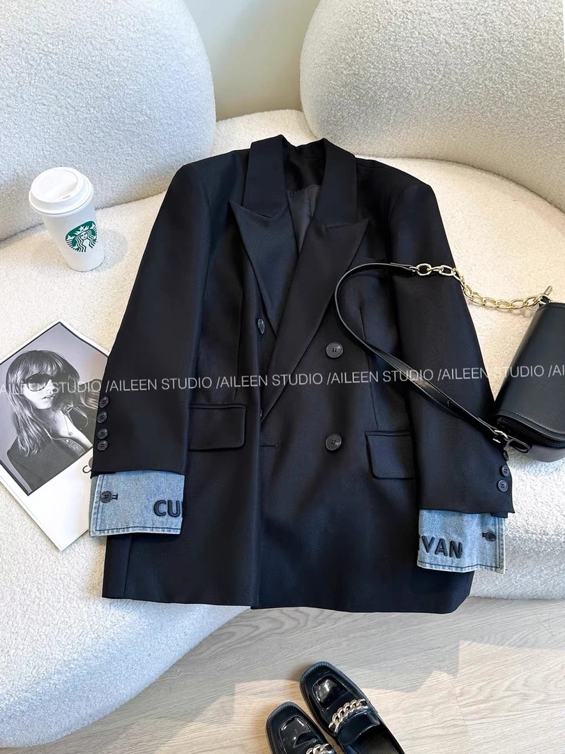 Design｜黑色西装外套女秋季新款欧货设计感小众双排扣宽松西服