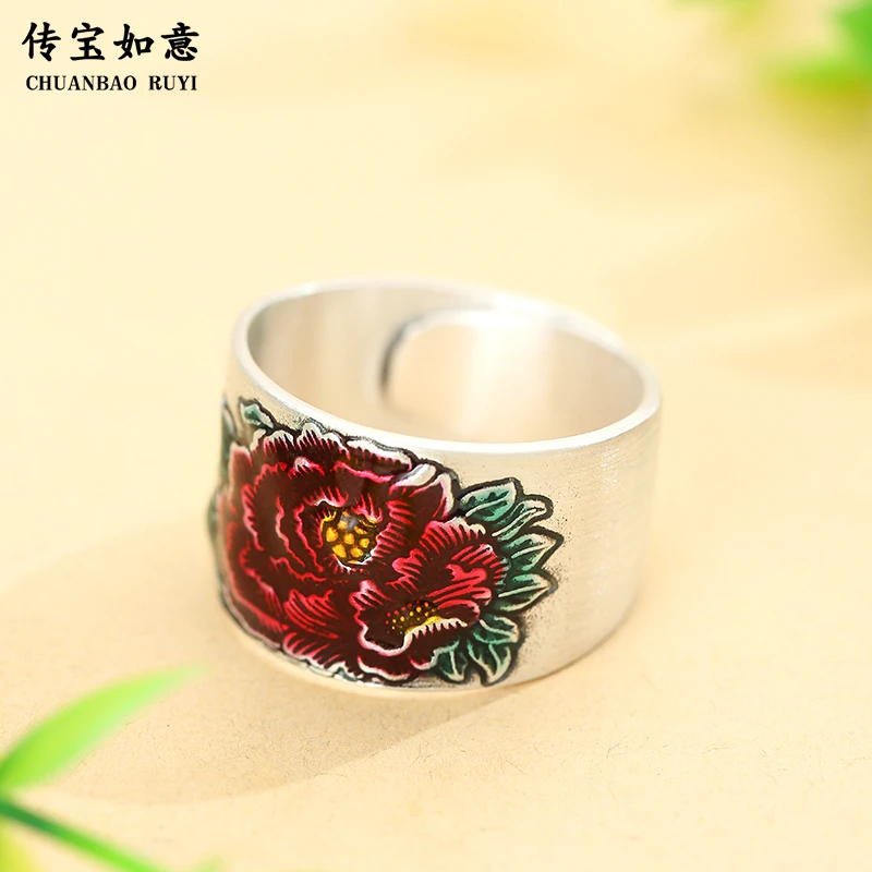 足银戒指 银戒指女纯银99足银景泰蓝珐琅彩富贵牡丹食指开口指环