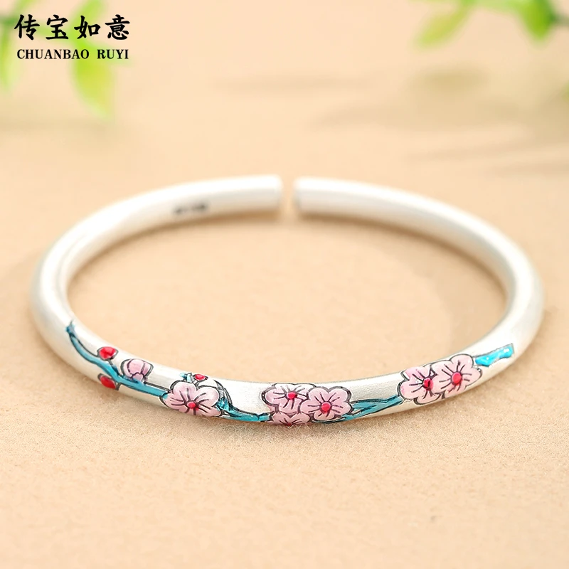 足银手镯 花开枝头手镯女纯银正品珐琅彩梅花手环情人节礼物女友