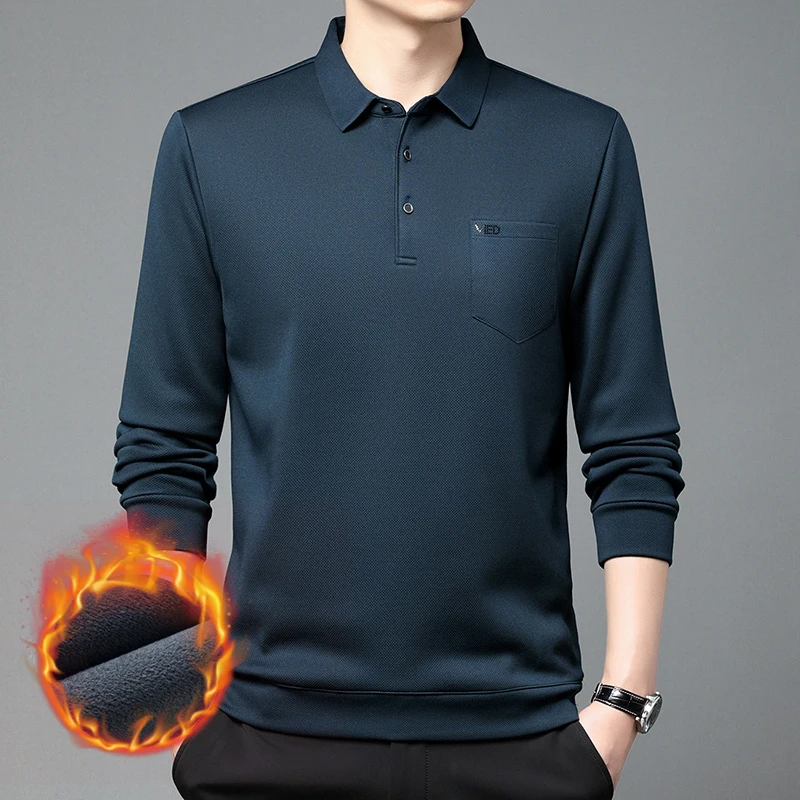 【真口袋】冬季男士加绒加厚长袖翻领POLO衫休闲中老年秋冬保暖T恤