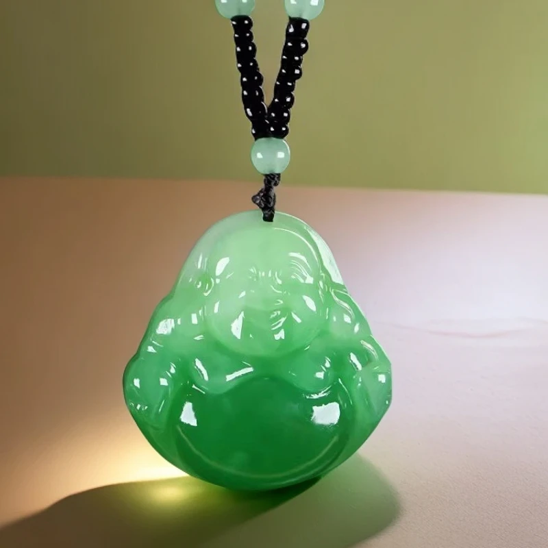 笑佛大肚佛翠青色佛吊坠精雕琉璃弥勒佛佛公平安牌项链男女款项链